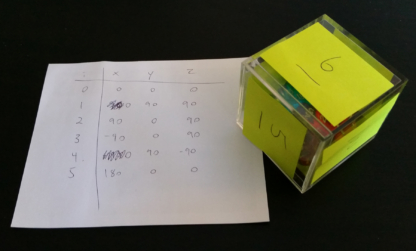 Photo of scrap paper and physical cube used to calculate rotations