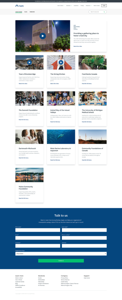 Screenshot of SurveyMonkey Apply case studies index