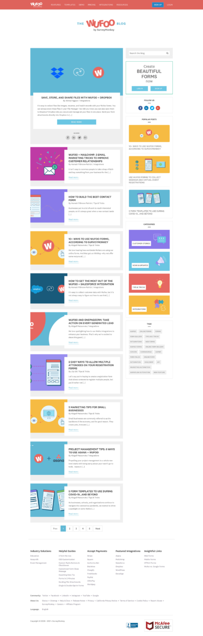 Screenshot of Wufoo blog index