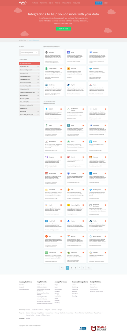 Screenshot of Wufoo integrations page