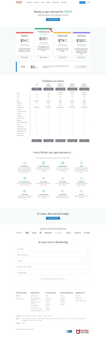 Screenshot of Wufoo pricing page